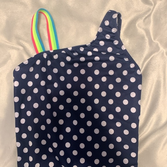 Lands' End girls navy blue polka dots Swimsuit with Rainbow Strap one piece 10 - Picture 2 of 6